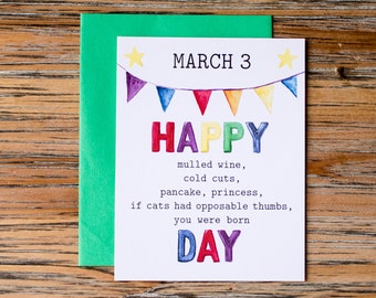 March 3: Watercolor holiday birthday card for him or her - 4.25 x 5.5