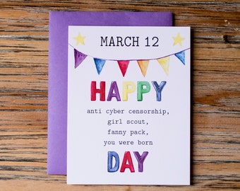 March 12: Watercolor holiday birthday card for him or her - 4.25 x 5.5