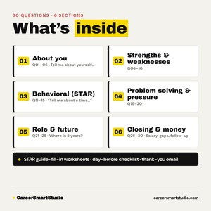 May include: An informational graphic titled What's inside with 30 questions across 6 sections: About you, Strengths & weaknesses, Behavioral (STAR), Problem solving & pressure, Role & future, and Closing & money. Includes a STAR guide and worksheets.
