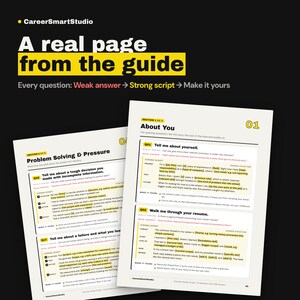 May include: Two white pages from a career guide titled CareerSmartStudio. The pages feature black text, yellow highlights, and structured interview questions labeled Q01, Q02, Q16, and Q17, with sections for weak answers and strong scripts.