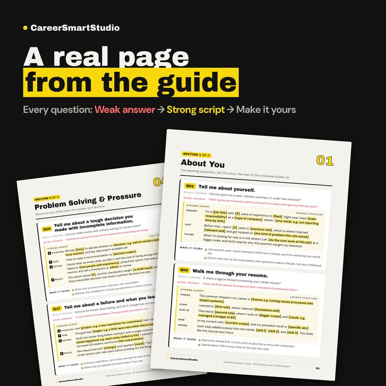 May include: Two white pages from a career guide titled CareerSmartStudio. The pages feature black text, yellow highlights, and structured interview questions labeled Q01, Q02, Q16, and Q17, with sections for weak answers and strong scripts.
