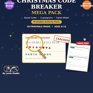 Paquete gigante de descifrado de códigos navideños, rompecabezas de códigos secretos para niños de 6 a 12 años, criptogramas y rueda de cifrado, actividad navideña imprimible, 28 páginas.