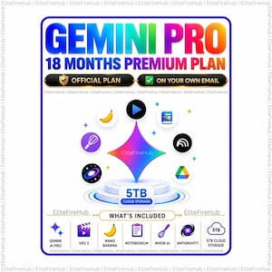 May include: A digital graphic for a Gemini Pro 18 months premium plan. It features a central star icon above a 5TB cloud storage platform, surrounded by icons for Veo 3, NotebookLM, Whisk AI, and Antigravity. Text includes Official Plan and On Your Own Email.