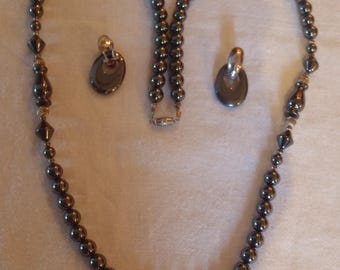 SALE Hematite and Silver Necklace and Earrings Set MINT