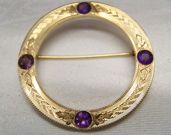 Antique Handmade 14K Gold Amethyst Engraved Circular Pin Brooch MINT