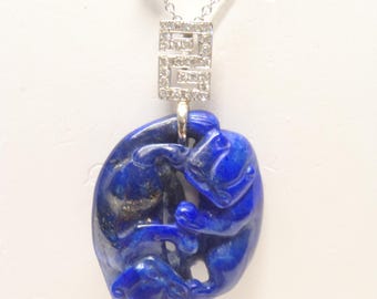 SALE Hand Carved Blue Lapis Lazuli Pendant With 14K White Gold and Diamonds Bail
