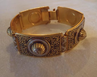 SALE Exquisite and Bold Unique Black & Gold Spanish Damascene Bracelet MINT