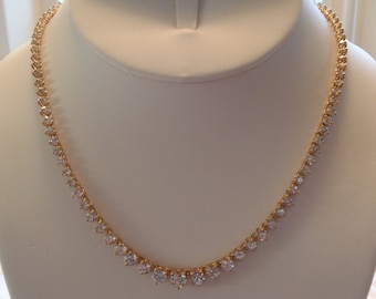 MINT Solid 14K Yellow Gold 100% Natural White Sapphire VS Clarity Graduated Riviera Tennis Necklace 57 Carats