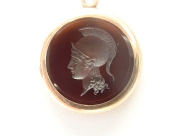 Vintage Hand Carved Carnelian 14K Pendant Roman Soldier Warrior