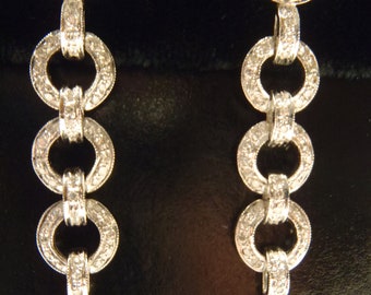 Cartier Style Diamond Art Deco 14K White Gold and Rhodium Circle Dangle Earrings Two Inches Long