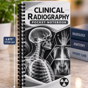 May include: A spiral-bound Clinical Radiography Pocket Notebook measuring 6.875 inches by 4.25 inches. The cover features a black and white human skeletal X-ray graphic, a hand X-ray, a chest X-ray, a pelvic X-ray, and a radiation symbol.