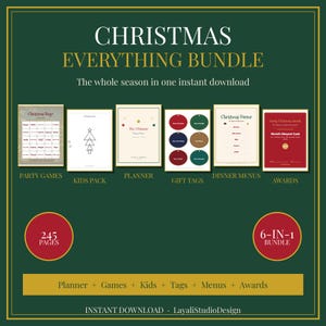 May include: A digital Christmas Everything Bundle featuring 245 pages of printable party games, a kids' pack, a planner, gift tags, dinner menus, and awards. The set includes six distinct categories of holiday-themed documents in one download.