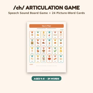 May include: /ch/ ARTICULATION GAME Speech Sound Board Game + 24 Picture-Word Cards. A rectangular board game with a light background featuring 24 numbered squares, each containing a small illustration and a word starting with the /ch/ sound.