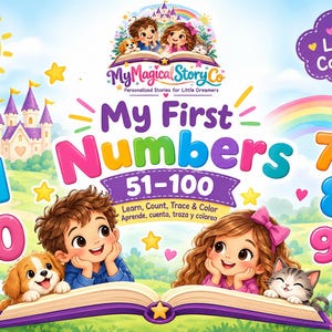 May include: A colourful educational book cover titled My First Numbers 51-100, featuring illustrations of a boy, a girl, a puppy, and a kitten. The design includes a castle, a rainbow, and numbers 51, 60, 71, 80, 91, and 100 in bright, bold fonts.