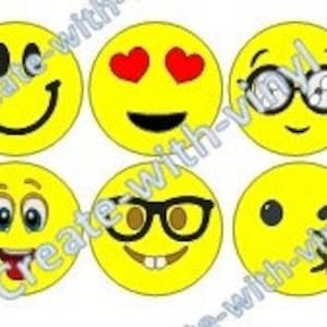 Op de afbeelding: Zes gele emoji-gezichten met verschillende uitdrukkingen. De emoji's omvatten een smiley, een gezicht met hartjes voor ogen, een gezicht met een bril, een gezicht met grote ogen, een gezicht met een bril en een brede glimlach, en een gezicht met een knipoog en een hartje.