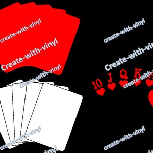 May include: A red deck of playing cards with the text "Create-with-vinyl" on the back of the cards.  The cards are fanned out and the top card is facing up.  There are also several red playing cards scattered on a black background.  The cards include a 10 of hearts, a jack of hearts, a queen of hearts, a king of hearts, and a joker.