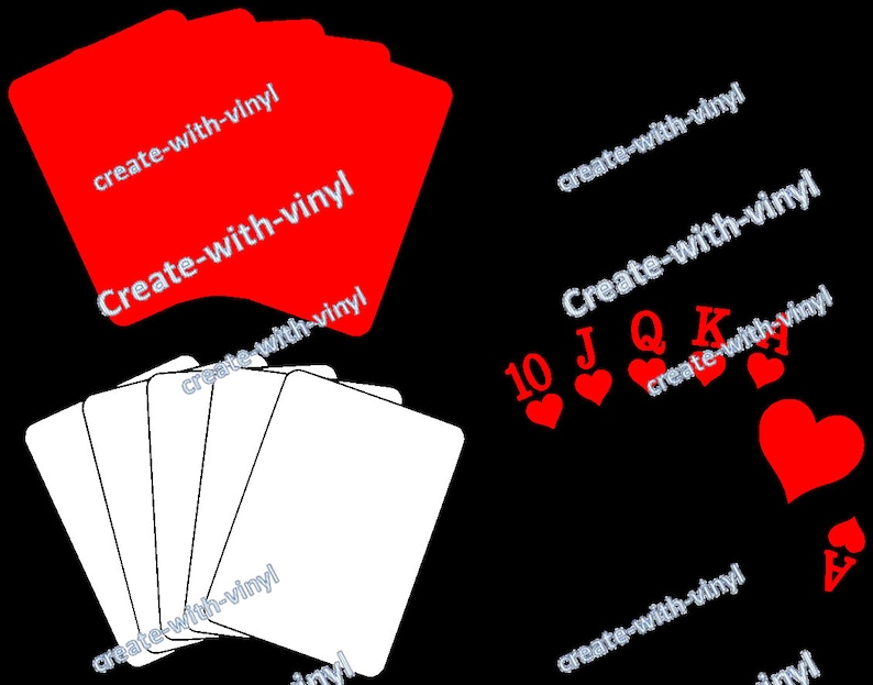 May include: A red deck of playing cards with the text "Create-with-vinyl" on the back of the cards.  The cards are fanned out and the top card is facing up.  There are also several red playing cards scattered on a black background.  The cards include a 10 of hearts, a jack of hearts, a queen of hearts, a king of hearts, and a joker.