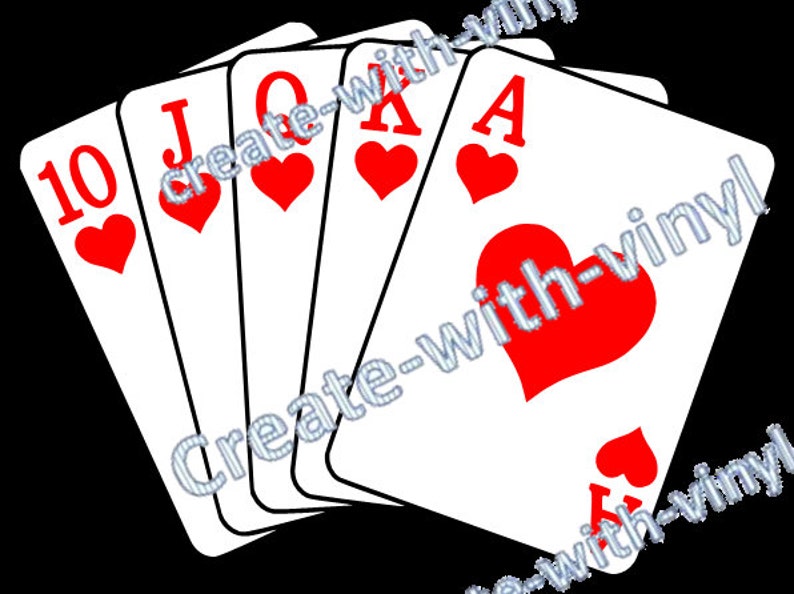 May include: A royal flush of playing cards, including the ten, jack, queen, king, and ace of hearts. The cards are fanned out and arranged in a semi-circle.