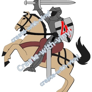 May include: A black and white illustration of a knight on horseback, holding a sword and shield. The shield has a black cross and the number 4 in red.