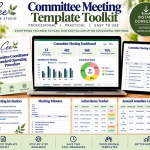 Puede incluir: Un kit de plantillas digitales para reuniones de comité que incluye un portátil con un panel de control, una tableta con una agenda y documentos impresos como procedimientos operativos, invitaciones, actas y un calendario anual.