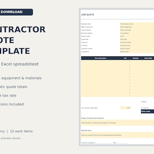 May include: A digital contractor quote template in an Excel spreadsheet format. The document features fields for business details, work descriptions, units, quantities, rates, and totals. It includes sections for tax rates, scope, and payment terms in AUD currency.