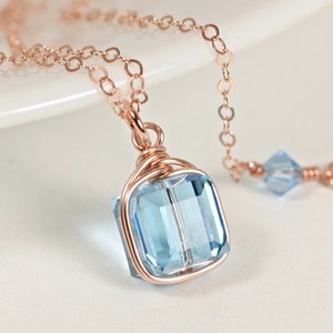 Rose Gold Aquamarine Blue Necklace Wire Wrapped Jewelry Handmade Rose Gold Necklace Rose Gold Jewelry Blue Crystal Necklace