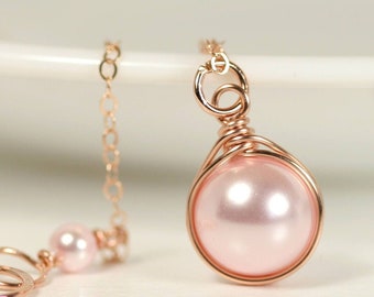 Rose Gold Pink Pearl Necklace with Rosaline Pearl Pendant Rose or Yellow Gold Wire Wrapped Necklace and Earrings Set Handmade