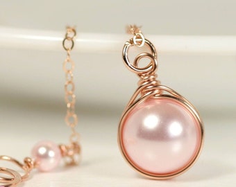 Handmade Rose Gold Light Pink Pearl Necklace: Wire Wrapped Pendant