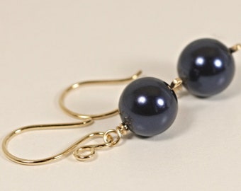 Gold Navy Blue Pearl Dangle Earrings - 14K Yellow or Rose Gold Filled Large Round Night Pearl Drops Handmade Jewelry Gifts for Her