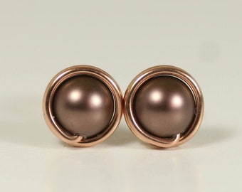 Rose Gold Brown Pearl Stud Earrings with Velvet Brown Pearls Rose or Yellow Gold Wire Wrapped Jewelry Handmade for Women