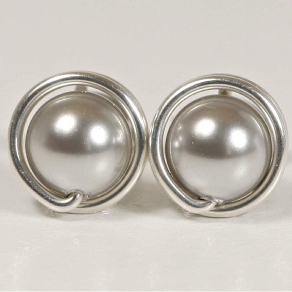 Grey Pearl Stud Earrings Wire Wrapped Jewelry Sterling Silver Pearl Earrings Bridesmaids Earrings Bridesmaids Gifts Bridal Pearl Light Lt