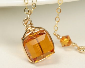 Gold Orange Topaz Crystal Necklace - Modern Minimalist Cube Stone Pendant Charm on Chain Handmade November Birthstone Jewelry