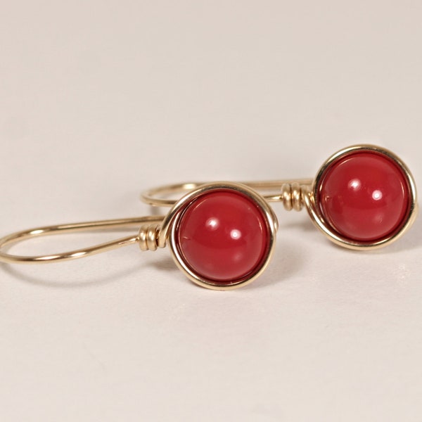 Gold Red Coral Earrings Wire Wrapped Jewelry Handmade Gold Earrings Gold Jewelry Red Earrings Red Coral Jewelry Rose Gold
