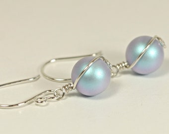 Light Blue Pearl Earrings Sterling Silver or Gold Modern 10mm Large Round Iridescent Dangles Handmade Jewelry Gifts for Women