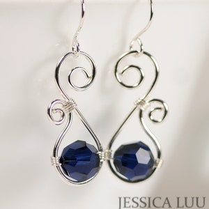 Dark Blue Earrings, Sterling Silver Earrings, Dark Indigo Crystal Dangle Earrings, Gifts for Women, Navy Earrings, Wire Wrapped