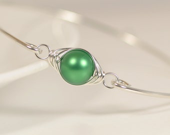 Green Pearl Bangle Bracelet Sterling Silver or Gold Filled 10mm Round Eden Solitaire Handmade Jewelry Gifts for Women