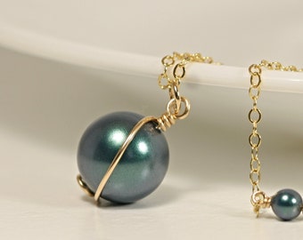 Gold Tahitian Pearl Necklace - 14K Gold Filled Wire Wrapped Round Iridescent Pearl Solitaire Pendant on Chain Handmade Jewelry
