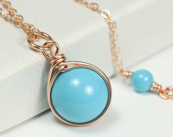 Rose Gold Turquoise Blue Necklace - Wire Wrapped 14K Gold Filled Crystal Pearl Pendant Handmade Jewelry