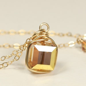 Yellow Gold Necklace 8mm Metallic Sunshine Cube Square Shaped Austrian Crystal Single Solitaire on Chain Handmade Jewelry
