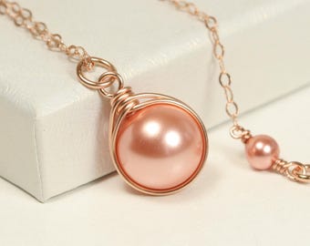 Rose Gold Peach Pearl Necklace 10mm Solitaire Pendant Handmade Jewelry