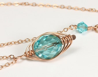 Rose Gold Sea Glass Blue Green Necklace Modern Oval Faceted Light Turquoise Crystal Pendant on Fine Chain Handmade for Women