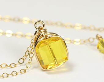 Yellow Gold Necklace 8mm Light Topaz 8mm Cube Crystal Solitaire Pendant Handmade Jewelry