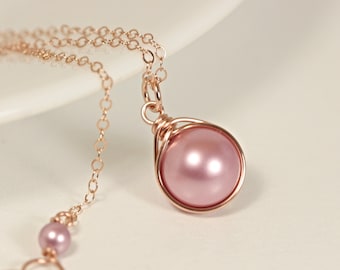 Rose Gold Pink Pearl Necklace, Rose Gold Necklace, Bridal Pearl Necklace, Gifts for Women, Powder Rose Pearl Solitaire Handmade