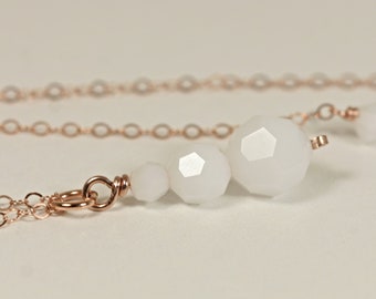 Rose Gold White Alabaster Crystal Necklace - 14K Rose or Yellow Gold Filled Wire Wrapped 3 Stone Pendant on Chain Handmade