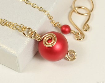 Gold Red Pearl Pendant Necklace Modern 12mm Large Rouge Single Solitaire Handmade Jewelry for Women