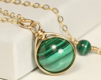 Gold Malachite Pendant Necklace Modern Minimalist 10mm Green Natural Gemstone Single Solitaire Handmade Jewelry Gifts for Women