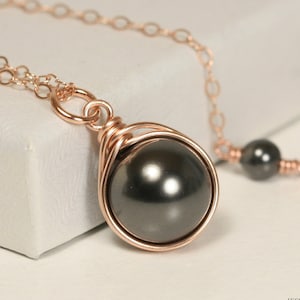 Rose Gold Black Pearl Necklace Wire Wrapped Jewelry Handmade Rose Gold Necklace Pearl Solitaire Necklace Black Pearl Pendant BP