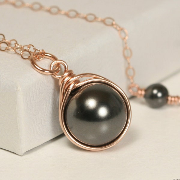 Rose Gold Black Pearl Necklace Wire Wrapped Jewelry Handmade Rose Gold Necklace Pearl Solitaire Necklace Black Pearl Pendant BP