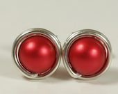 Red Pearl Stud Earrings - Sterling Silver or Gold Filled Wire Wrapped Rouge Pearl Posts Handmade Jewelry Gifts for Women