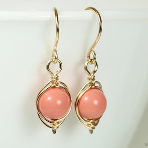 Gold Pink Coral Earrings - 14K Yellow or Rose Gold Filled Wire Wrapped Salmon Dangles Handmade Jewelry Gifts for Women Ladies